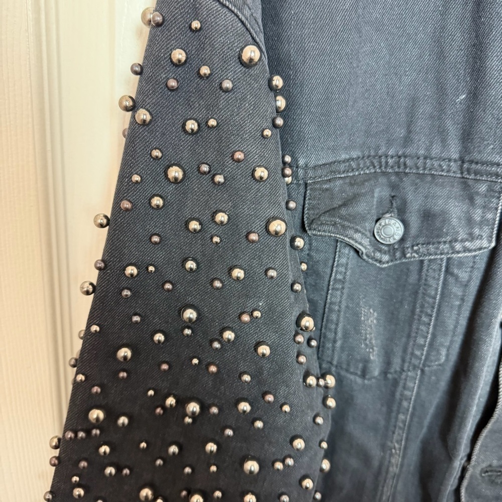 Black Studded Denim Bomber Jacket - Women - Picture 4 of 8
